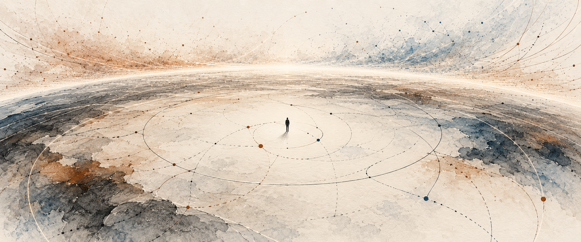 Illustration of an observer within a circular field of measured paths, facing a distant horizon.
